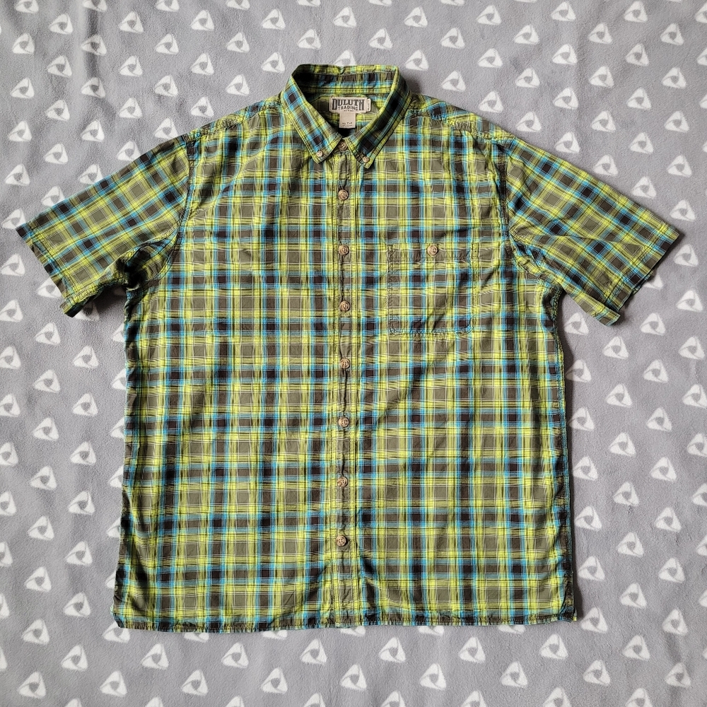 Duluth Trading Men's Sz XL Tall Relaxed Fit Plaid Shirt Green Blue Short Sleeve